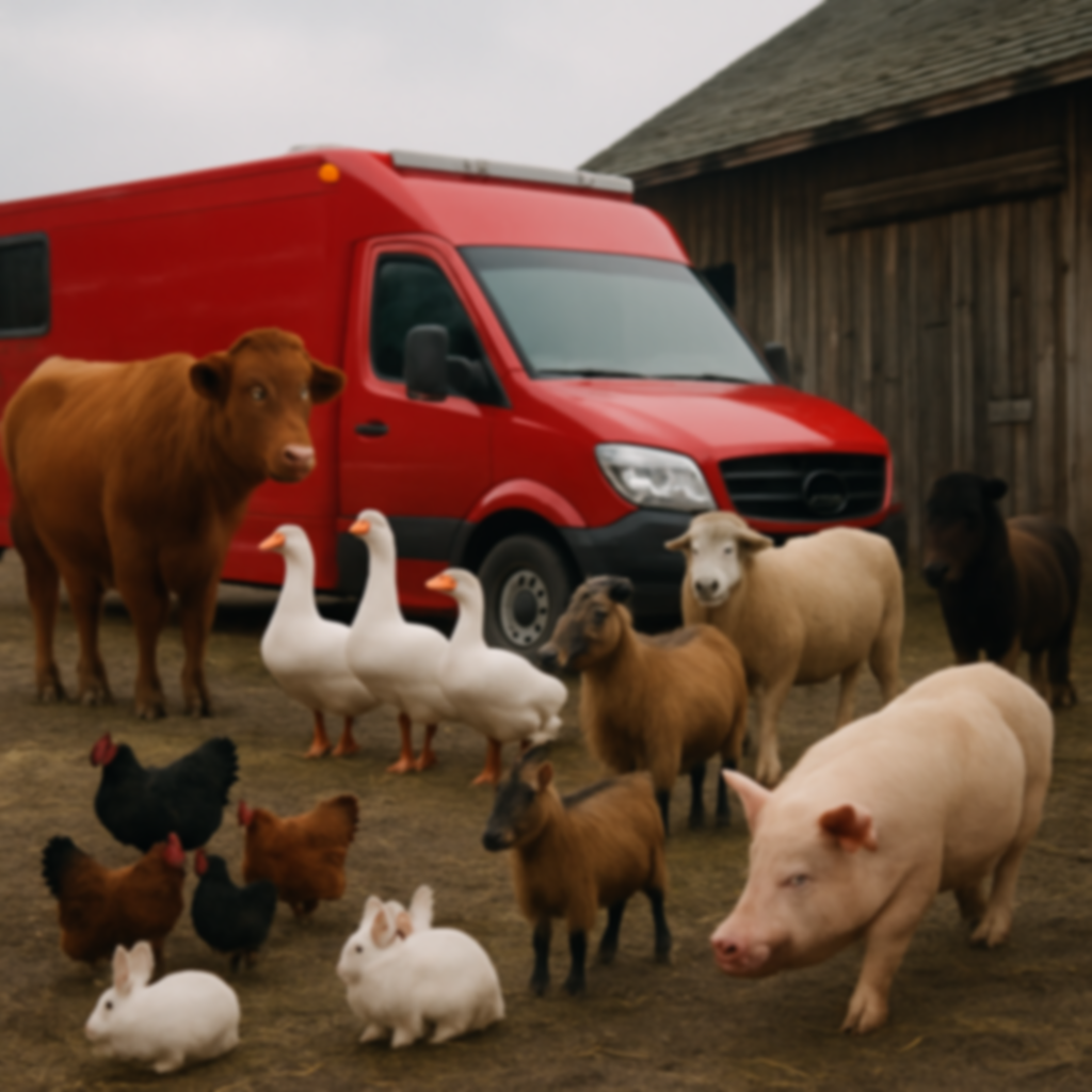 A variety of farm animals gathered near a red van and barn.