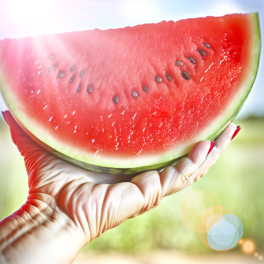Hand holding juicy red watermelon slice outdoors