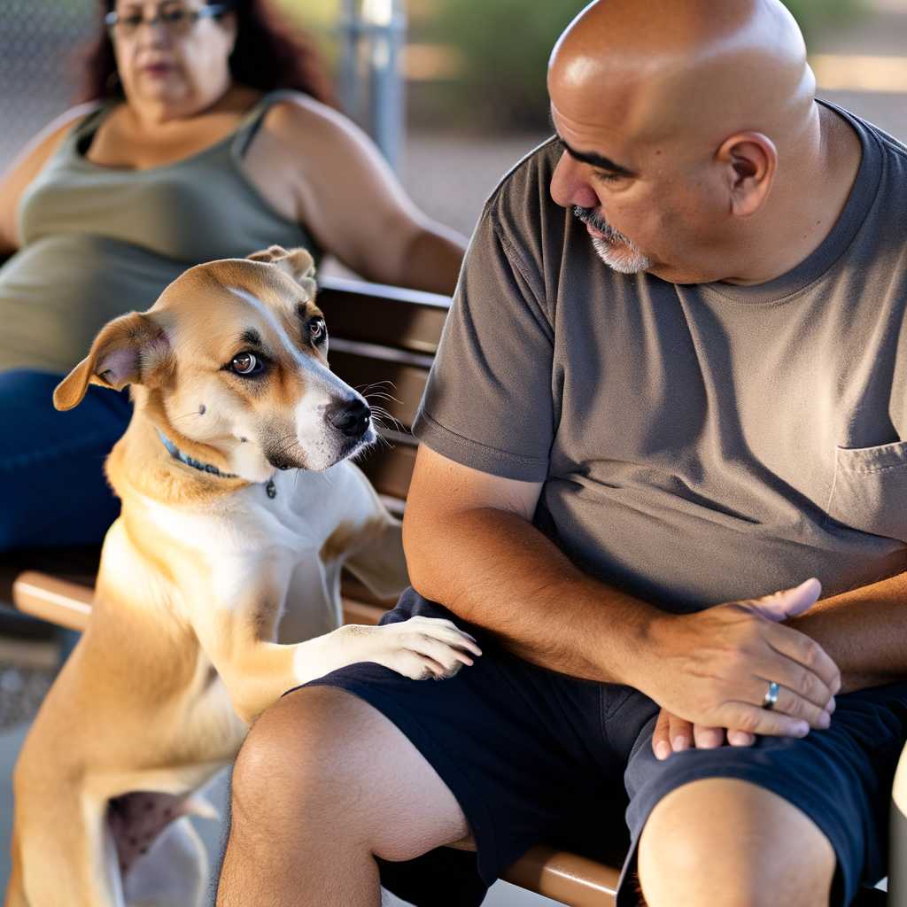 Tan and white rescue dog resting paw on man