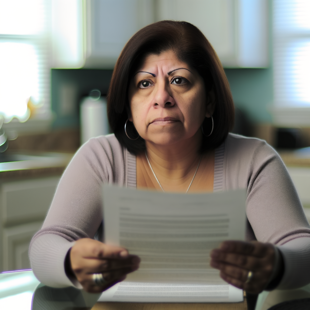 Middle-aged Hispanic woman reviewing form, concerned expression