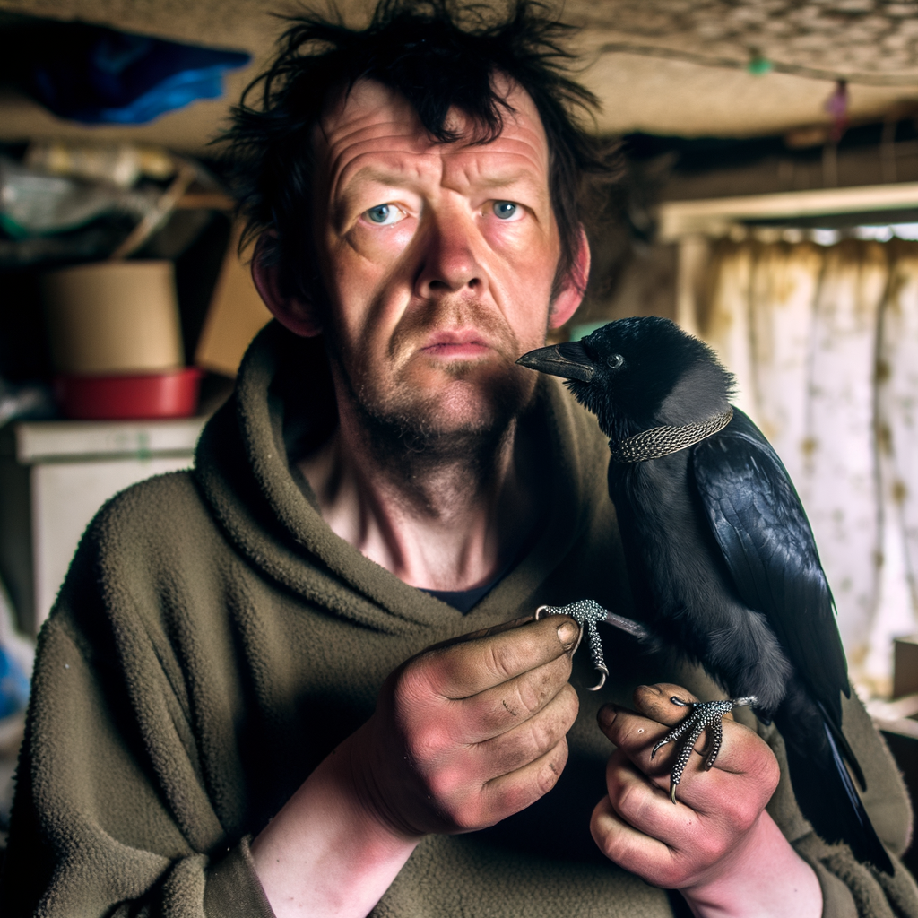 Tense British man holding stressed black-feathered jackdaw