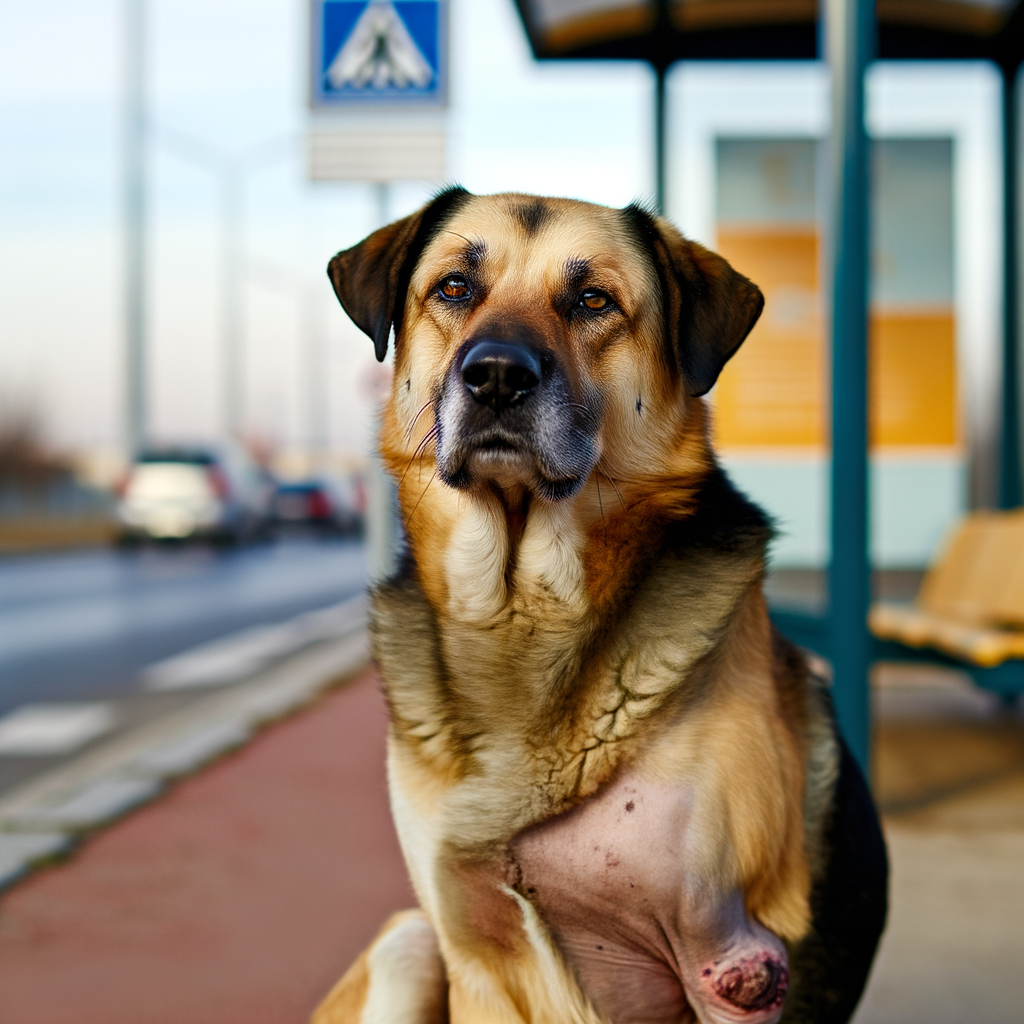 King Leo tan black dog calm near Tulsa bus stop