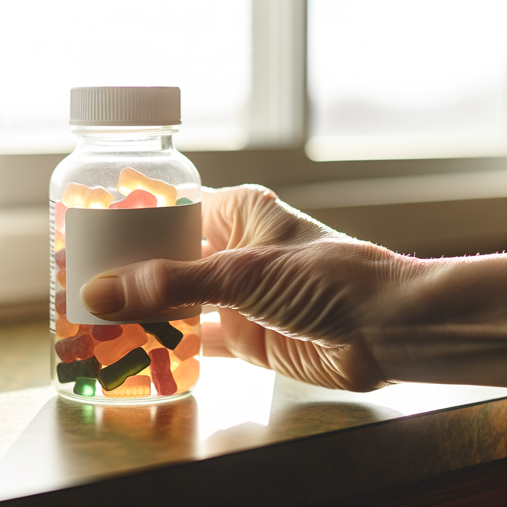 Hand holding colorful vitamin B12 gummies near window