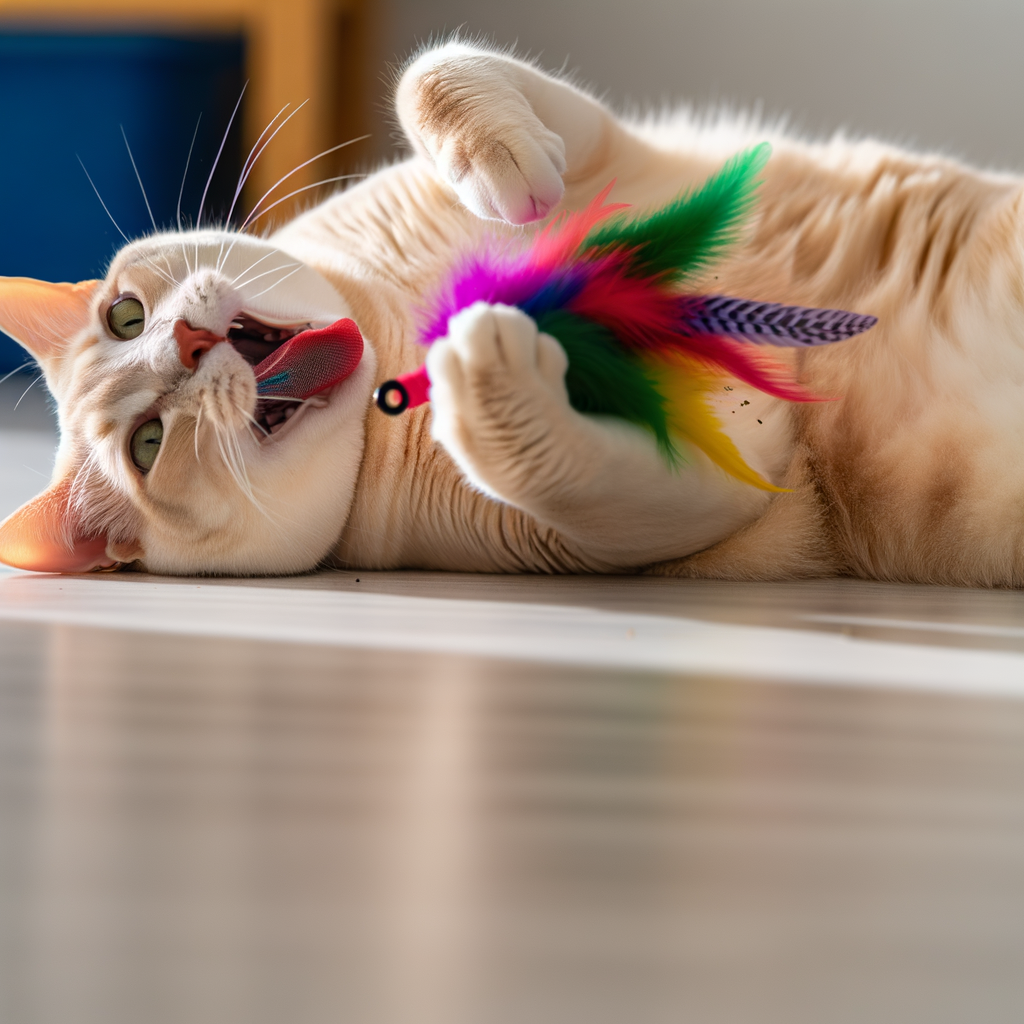 A playful cat enjoying a colorful feather toy.