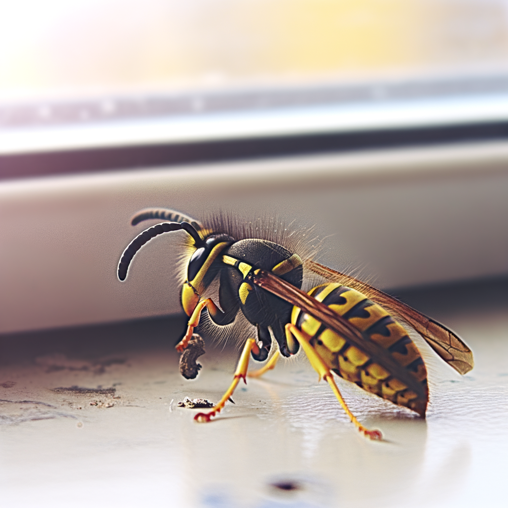 Close-up of vibrant wasp queen on kitchen windowsill