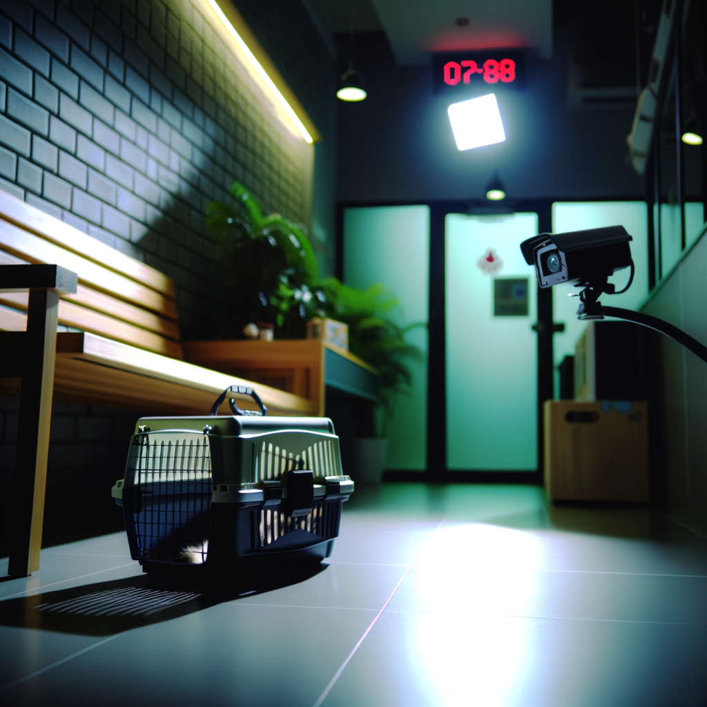A pet carrier in a modern waiting area.