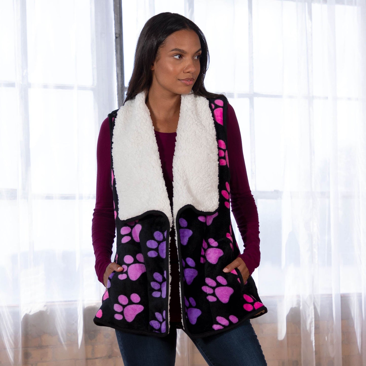 Paw Print Plush Sherpa Fleece-Lined Vest