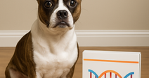 A curious dog sits beside a DNA testing kit on a wooden floor.