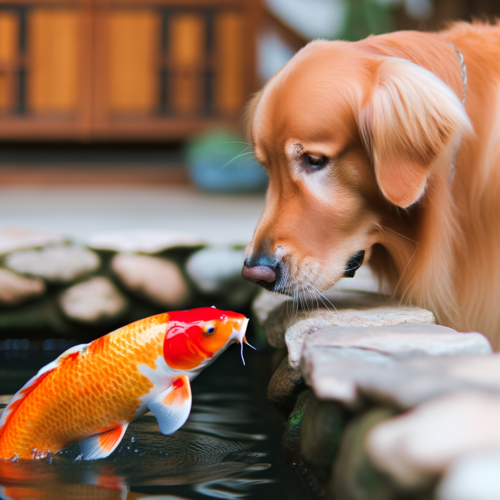 Golden retriever curiously observing a koi fish.
