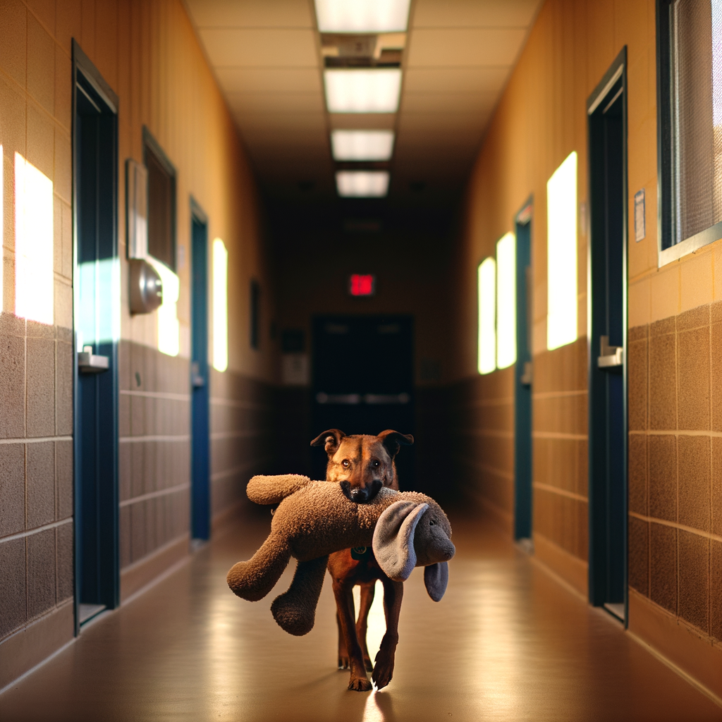 Dog carrying a stuffed toy down a hallway.