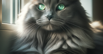 Fluffy gray cat with striking green eyes.