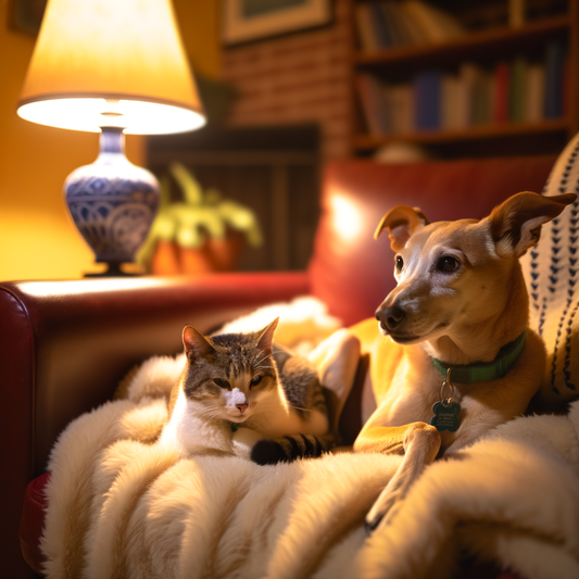 Cozy dog and cat lounging on a blanket.