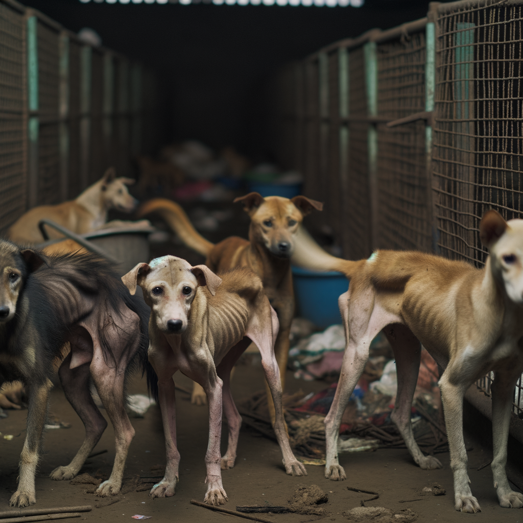 Malnourished mixed-breed dogs in cramped shelter