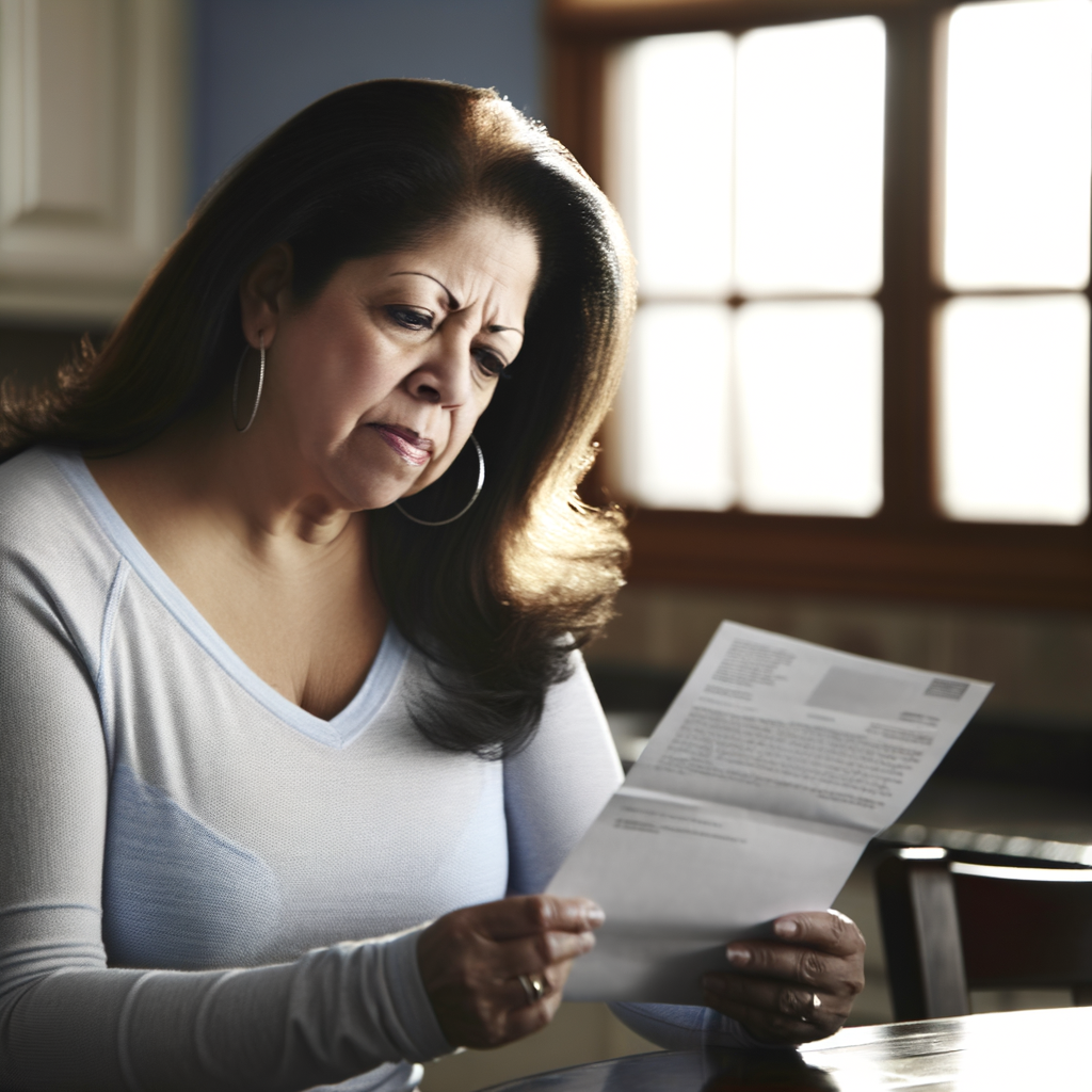 Middle-aged Hispanic woman reading letter with concern