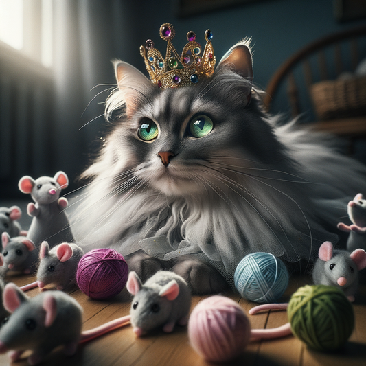 Cat wearing a crown surrounded by playful mice and yarn.