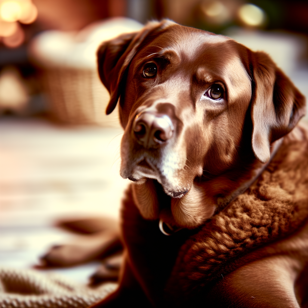 A brown dog with an expressive face indoors.