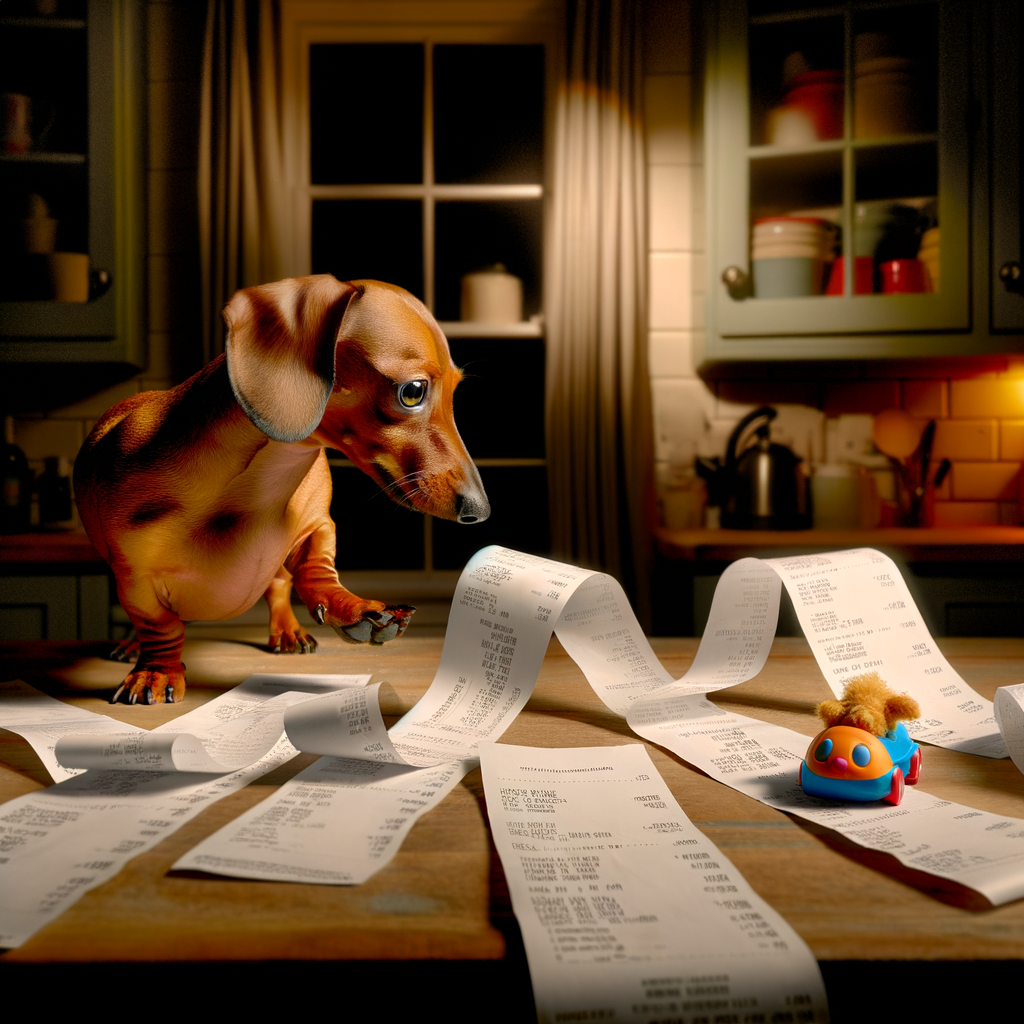 A curious dachshund inspecting long receipts on a table.
