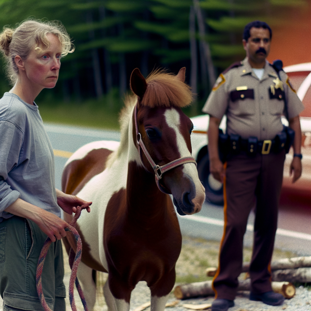 Chestnut miniature horse near woman and sheriff outdoors