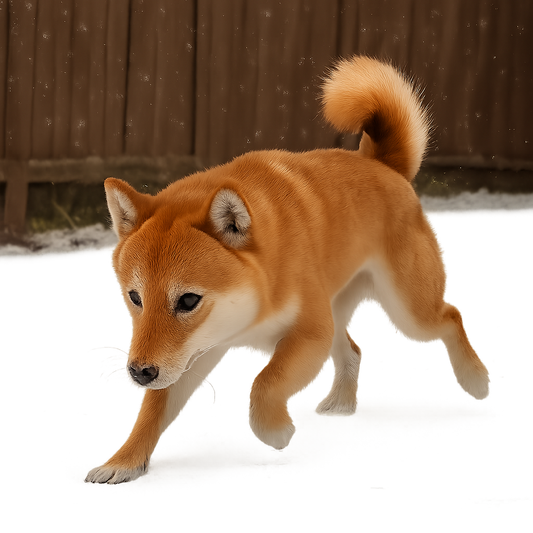 A playful Shiba Inu walking through soft, snow-covered ground in winter.