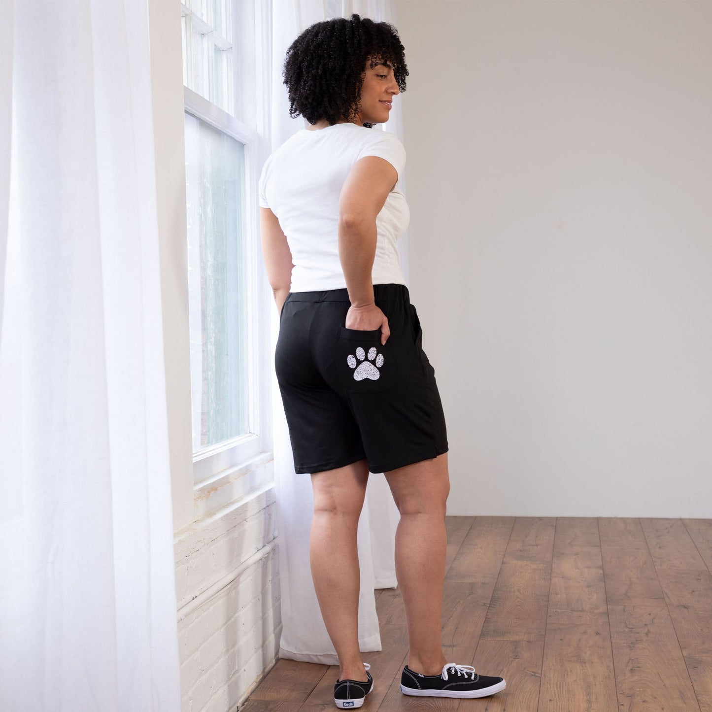 Women's Black Drawstring Paw Bermuda Shorts