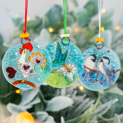 Feathered Friends Recycled Glass Ornament