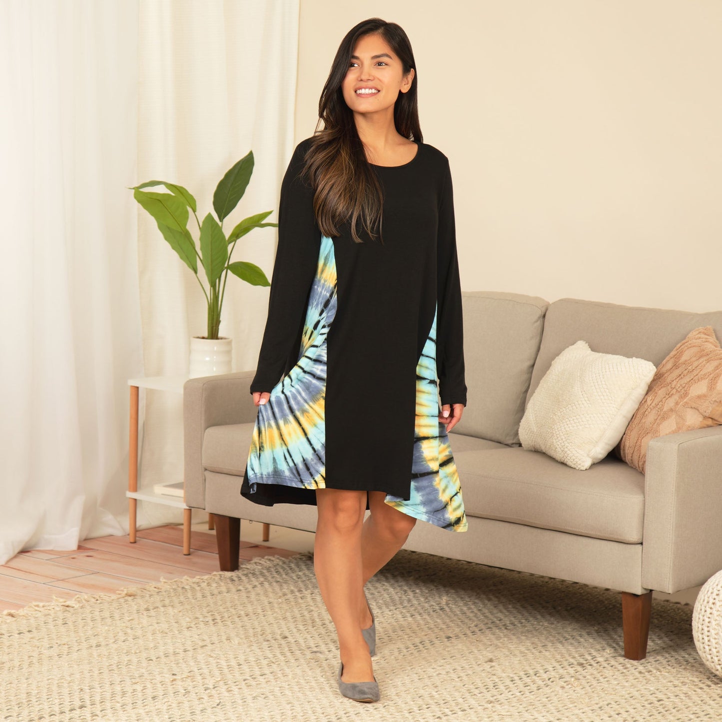 Long Sleeve Tie-Dye Side Panel Dress