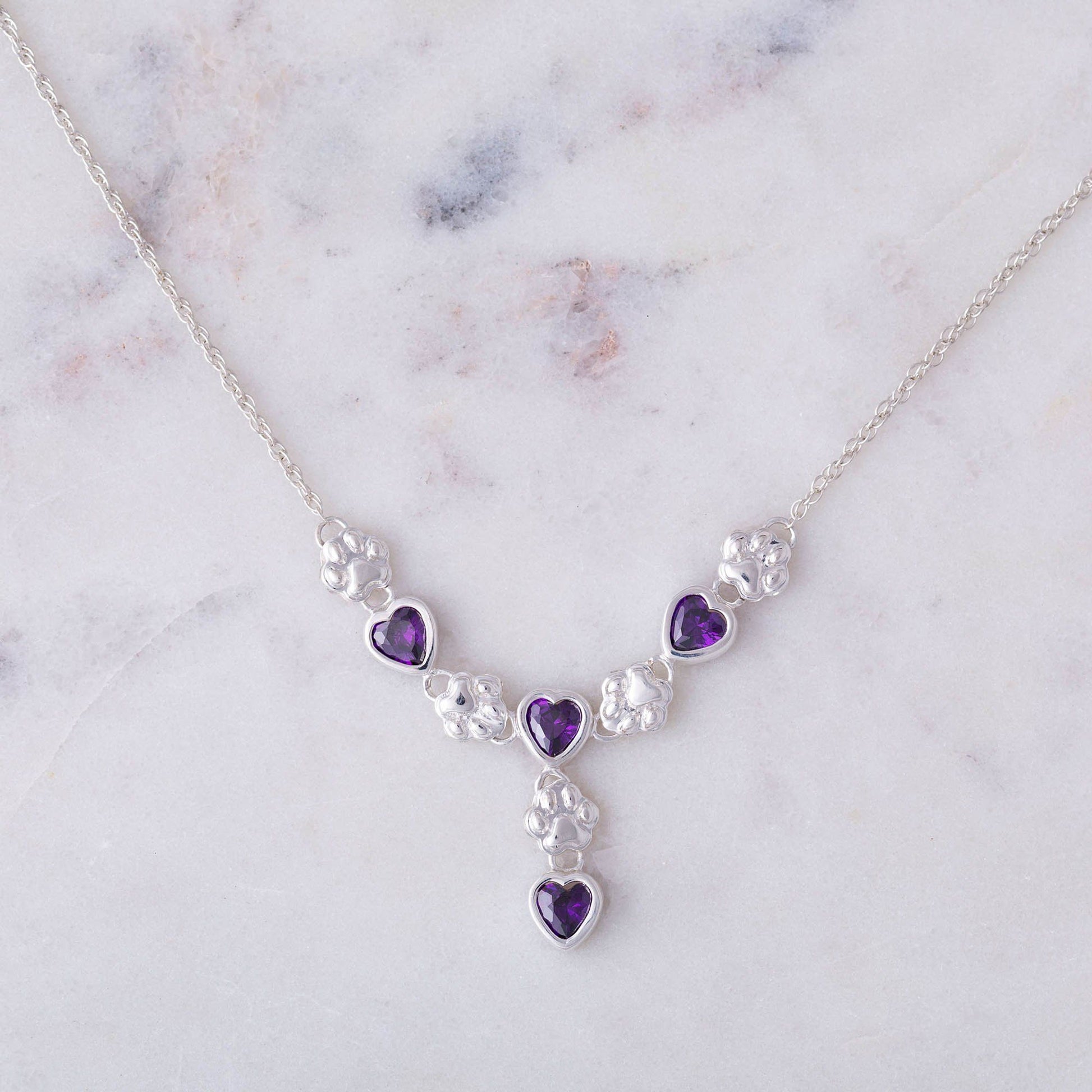 Amethyst Hearts & Paws Sterling Drop Necklace