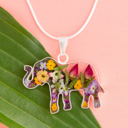 Real Flowers & Sterling Elephant Necklace