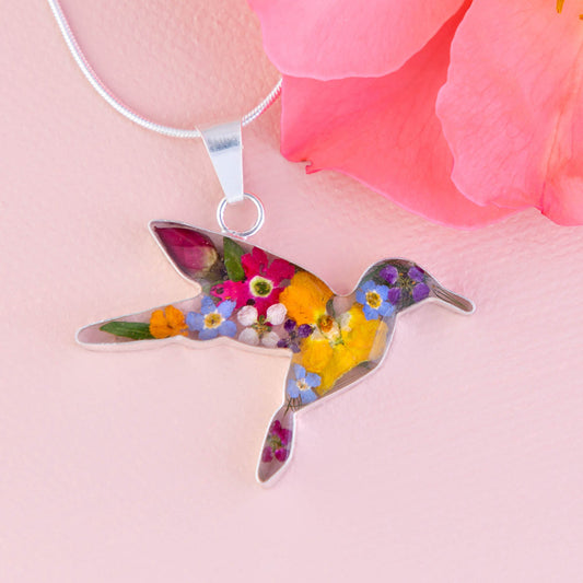 Real Flowers & Sterling Hummingbird Necklace