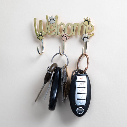 Welcome Paw Print Mixed Metal Sign with Hooks