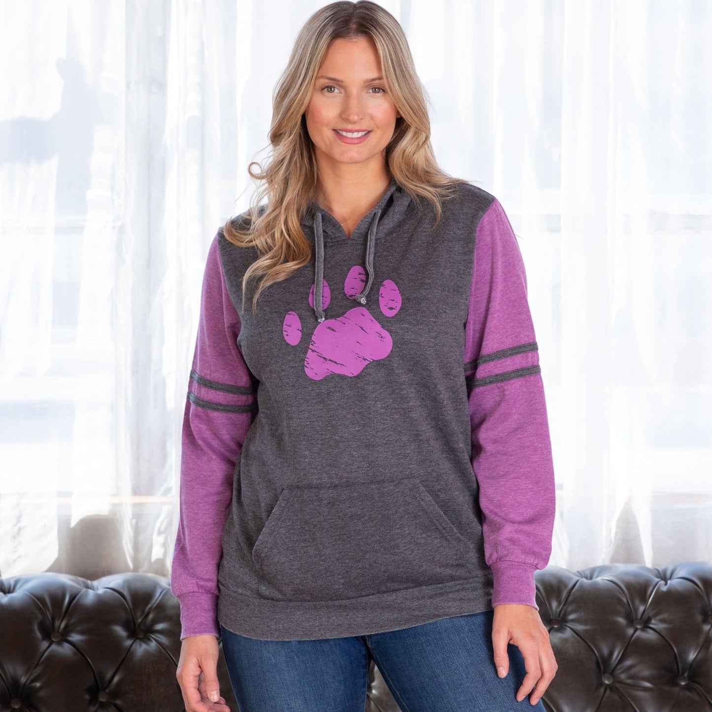 Purple Paw Stripe Burnout Pullover Hoodie