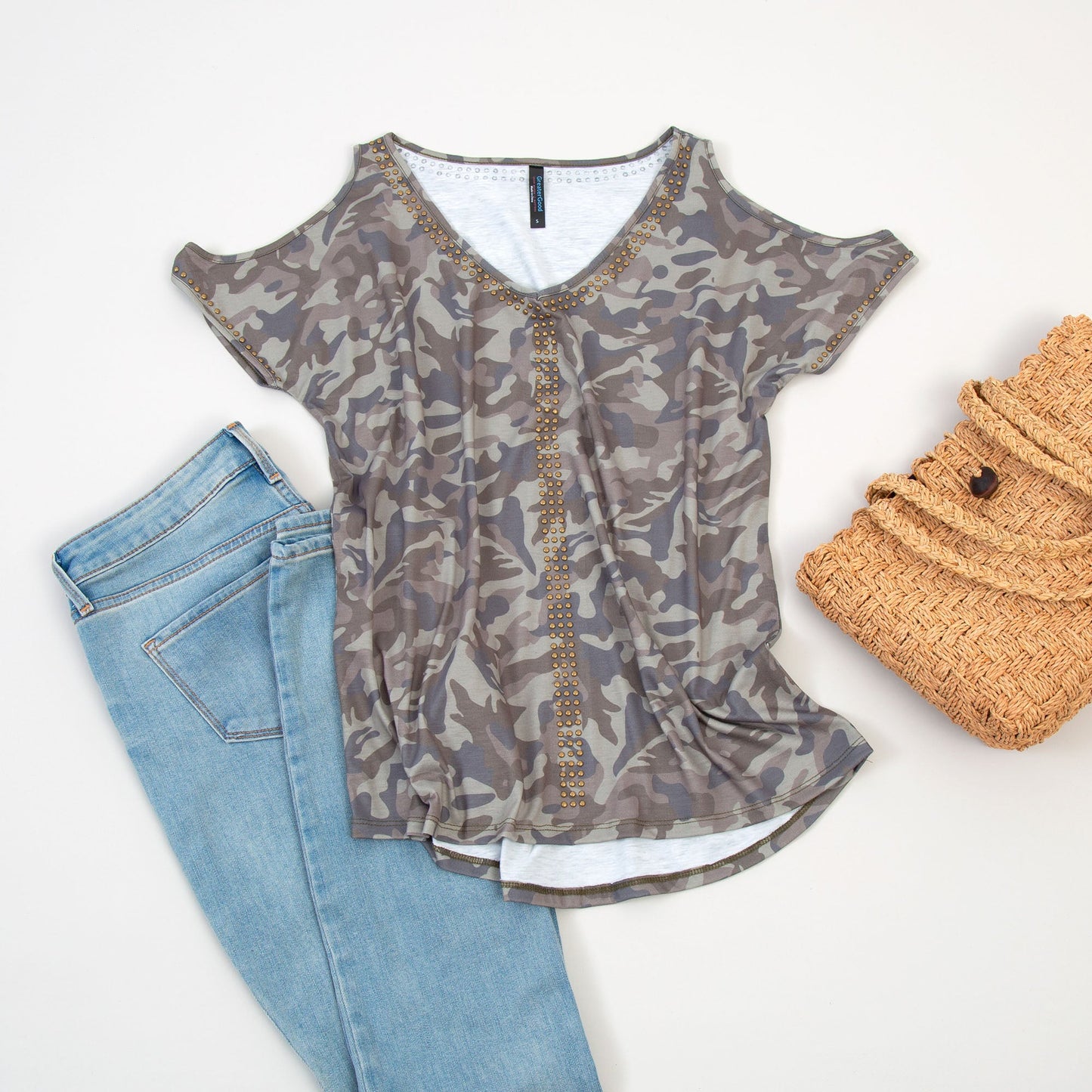 Camo Studded V-Neck Top