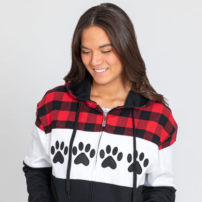 Paw Print Plaid Zip Hoodie