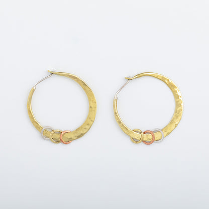 Hammered Sterling, Brass & Copper Hoop Earrings