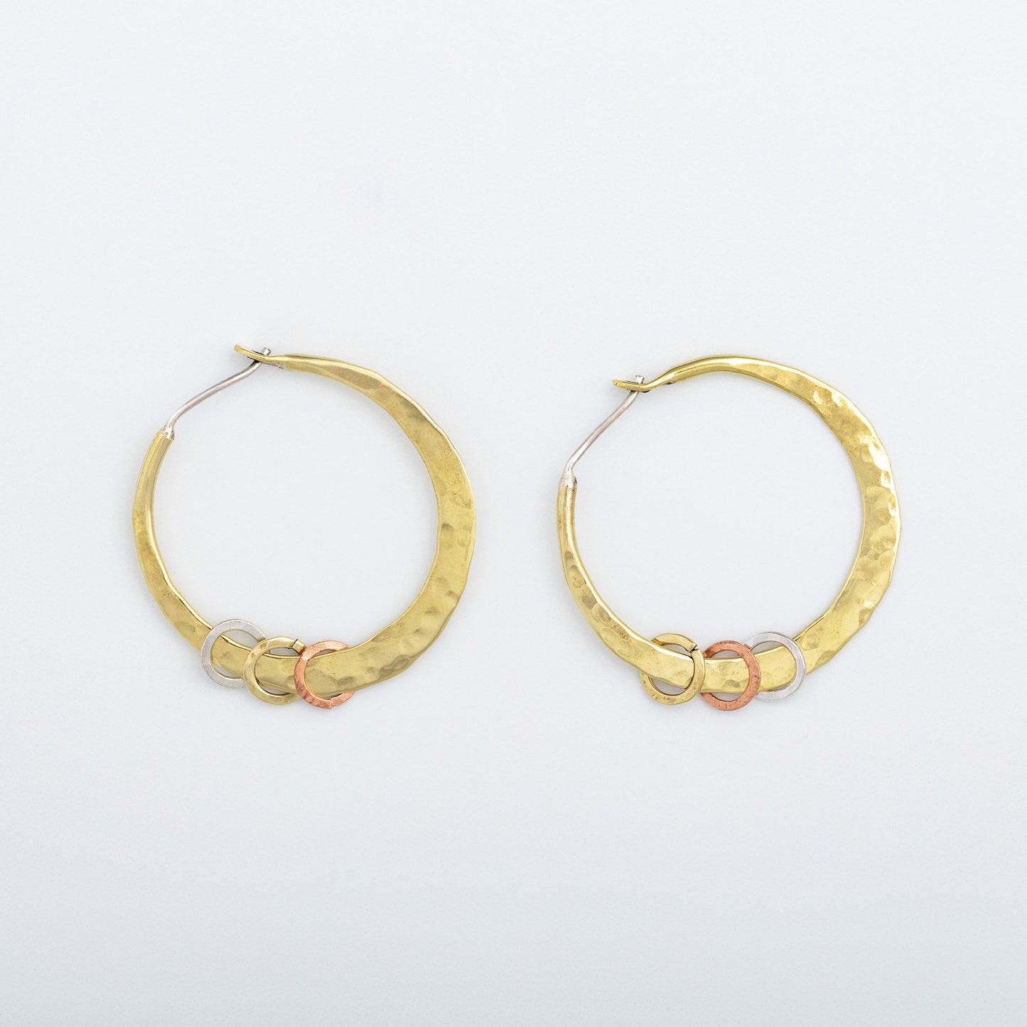 Hammered Sterling, Brass & Copper Hoop Earrings