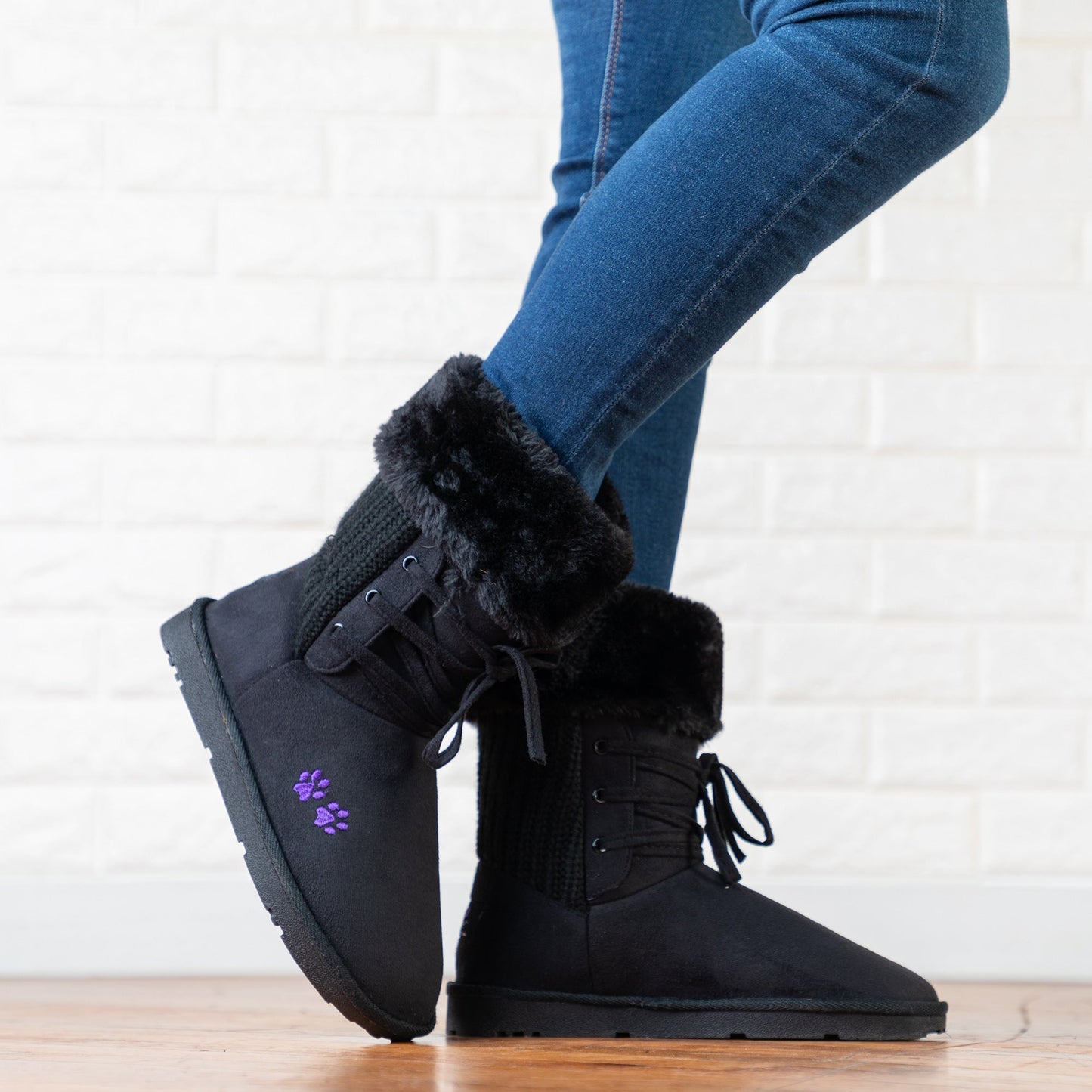 Lace-Up Paw Print Sweater Boots