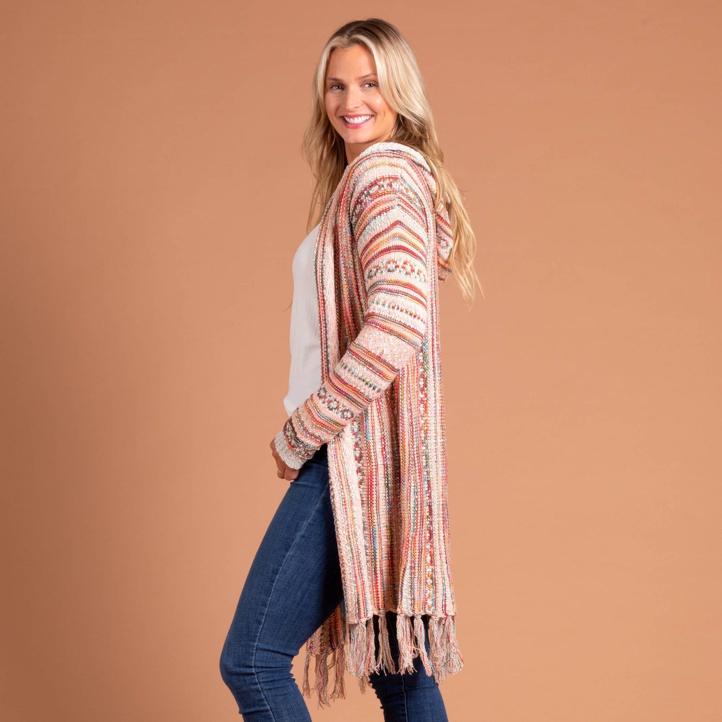 Striped Duster Cardigan with Fringe