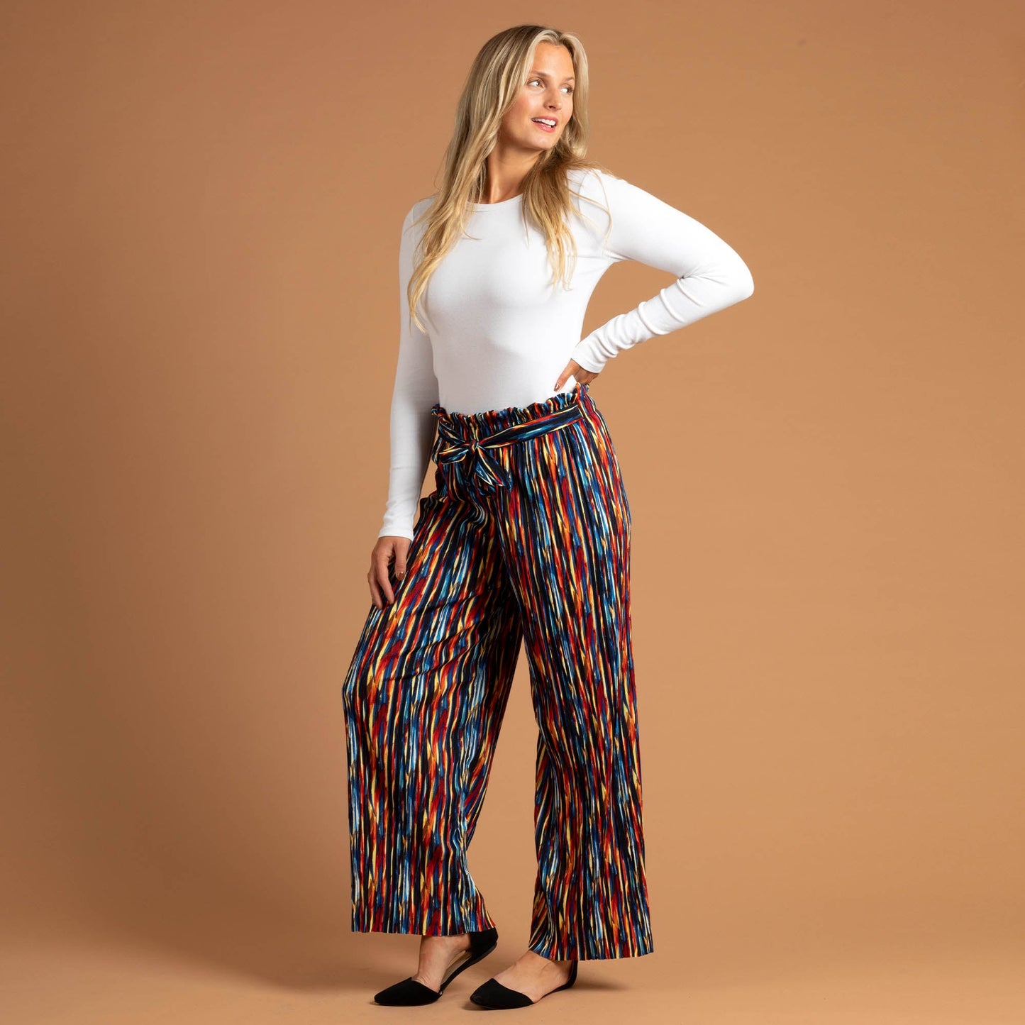 Colorful Stripes Pleated Palazzo Wide Leg Pants