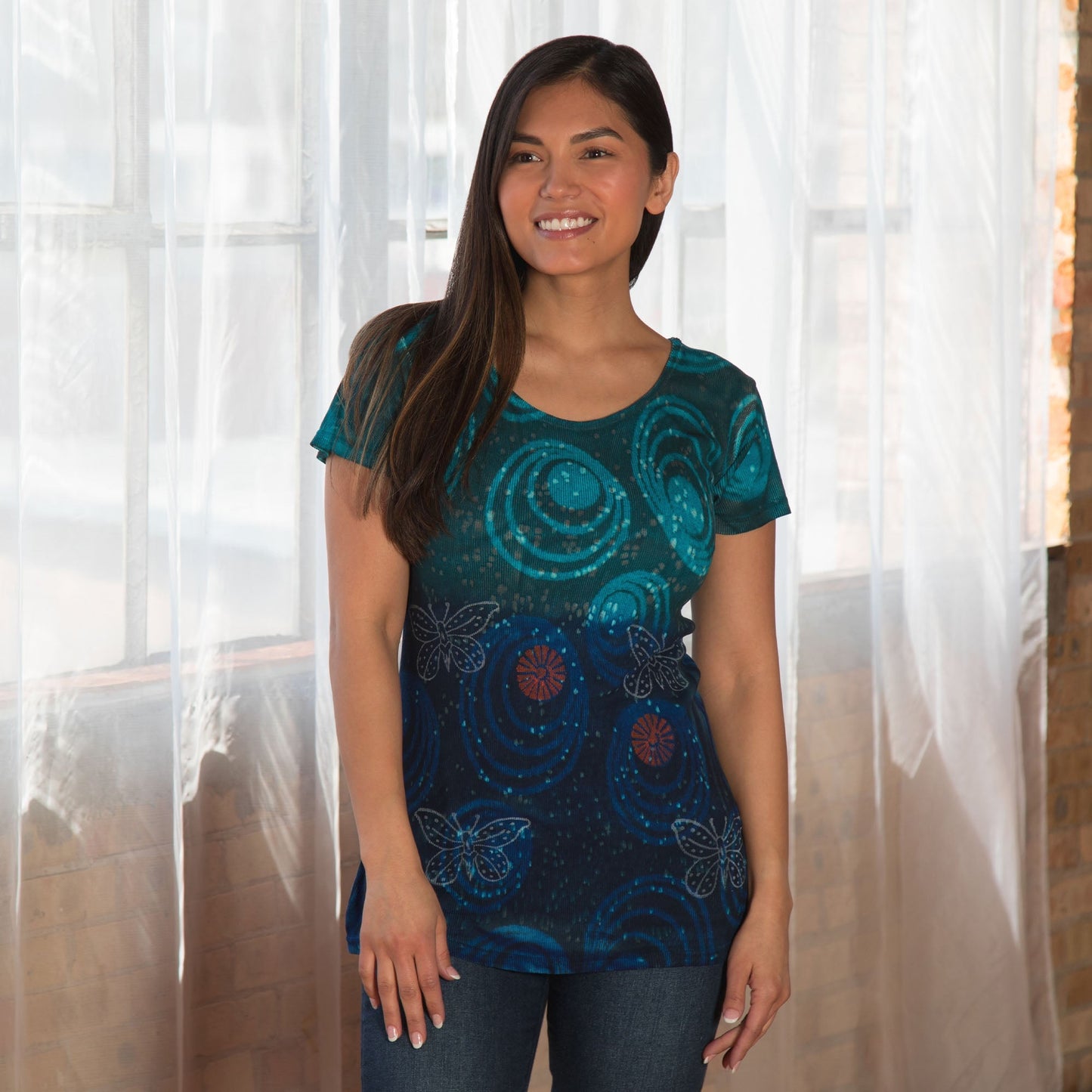 Blue Butterflies Short Sleeve Ribbed Crew Neck Tee