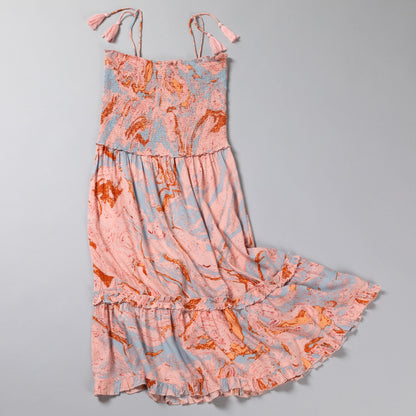 Marble Smocked Tie-Strap Midi Sundress