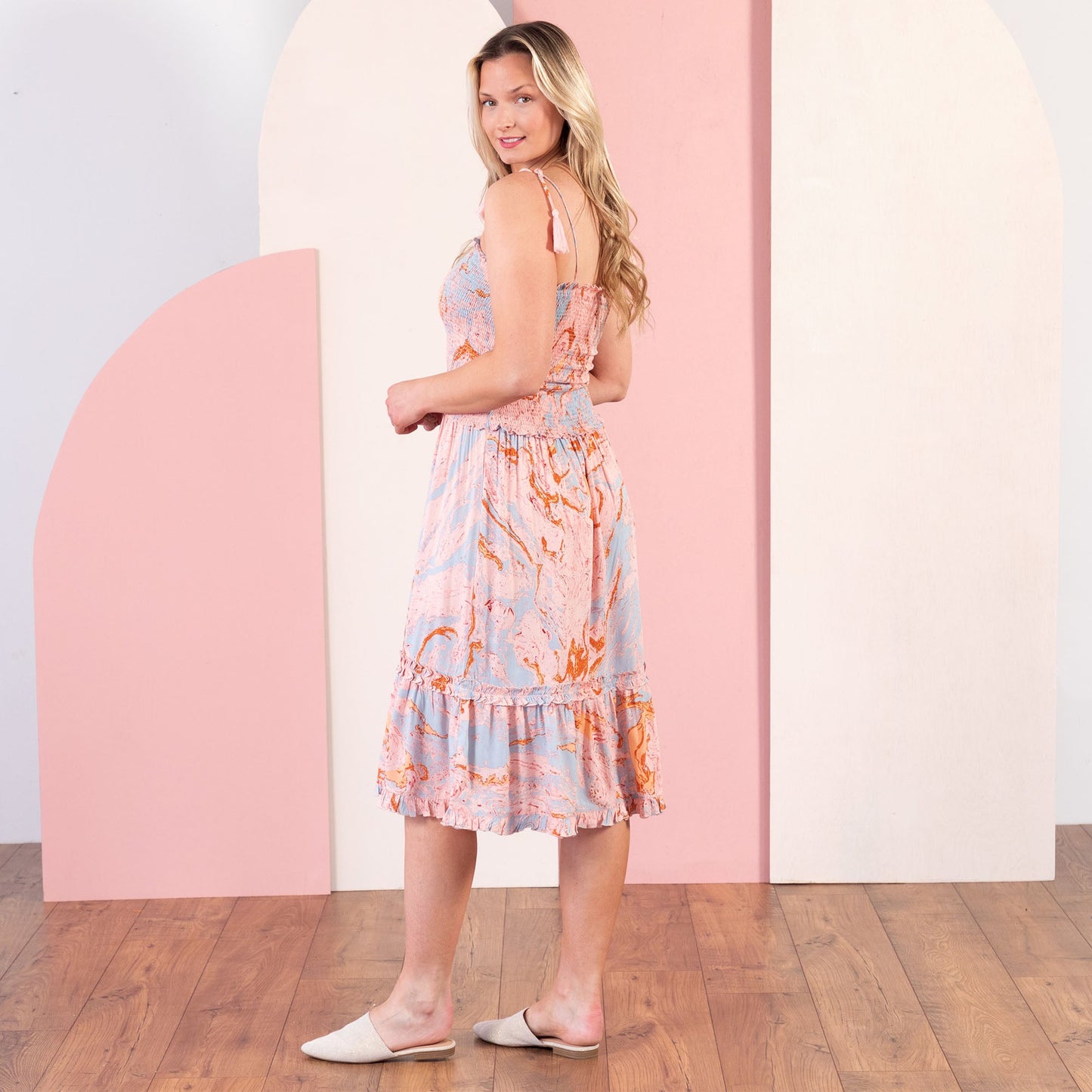 Marble Smocked Tie-Strap Midi Sundress