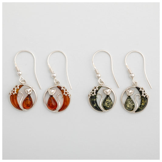 Moonlight Cat Sterling & Amber Earrings