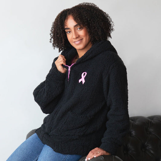 Pink Ribbon Sherpa Fleece Zip Up Hooded Jacket