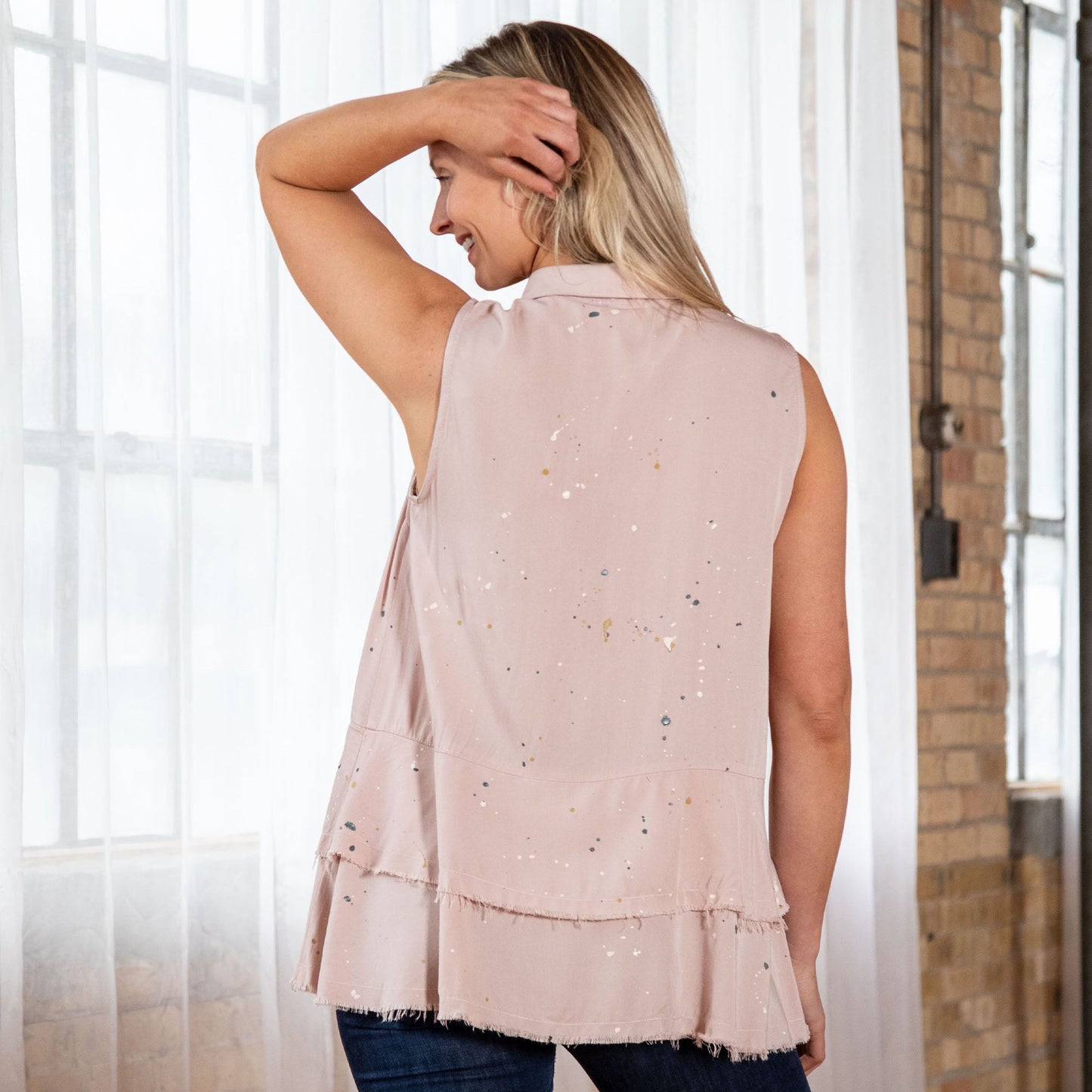 Speckled Sleeveless Button Up Peplum Top