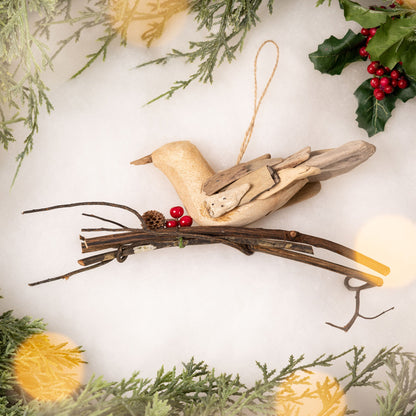 Recycled Driftwood Bird on a Branch Ornament