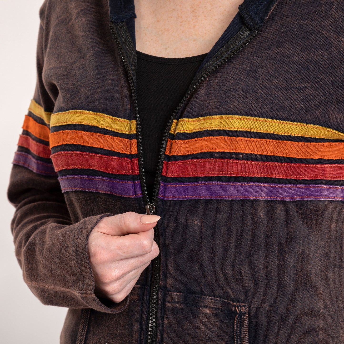 Rainbow Stripes Stone Washed Hooded Jacket