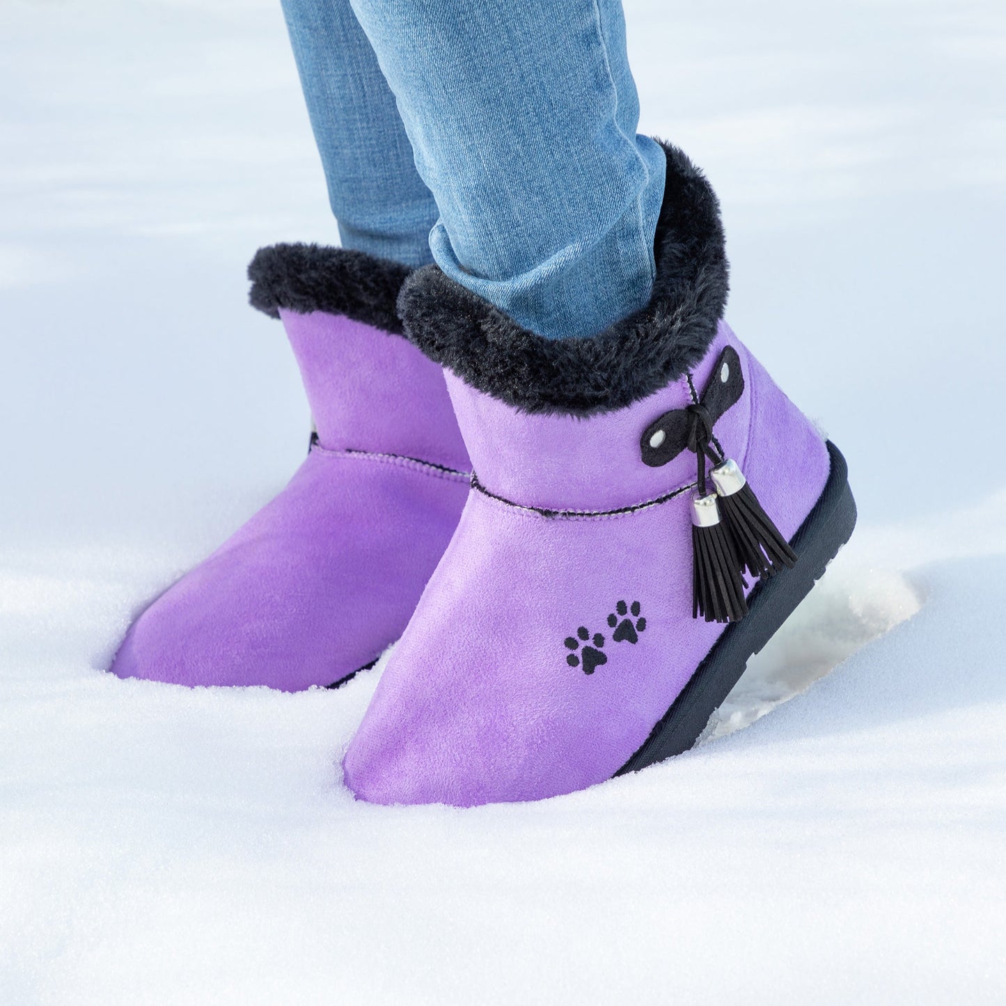 Paw Print Faux Suede Boots With Tassels