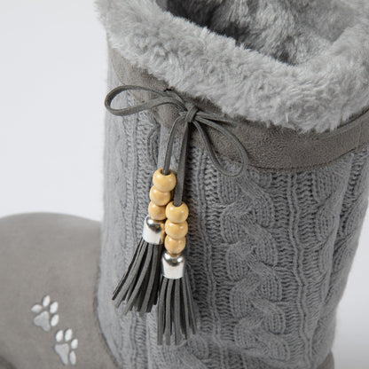 Paw Print Tall Knitted Boots With Beaded Tassels