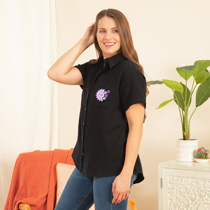 Paw Sunflower Embroidered Cotton Gauze Shirt