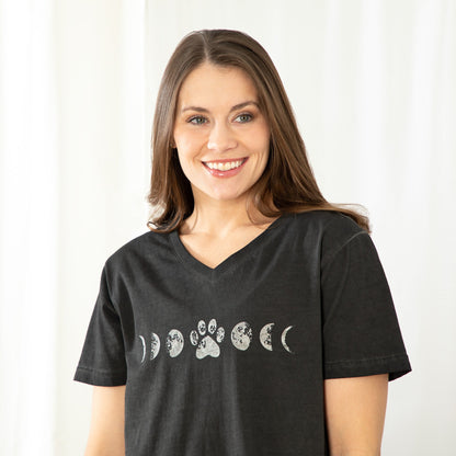 Paw Print Moon Acid Wash V-Neck Tee